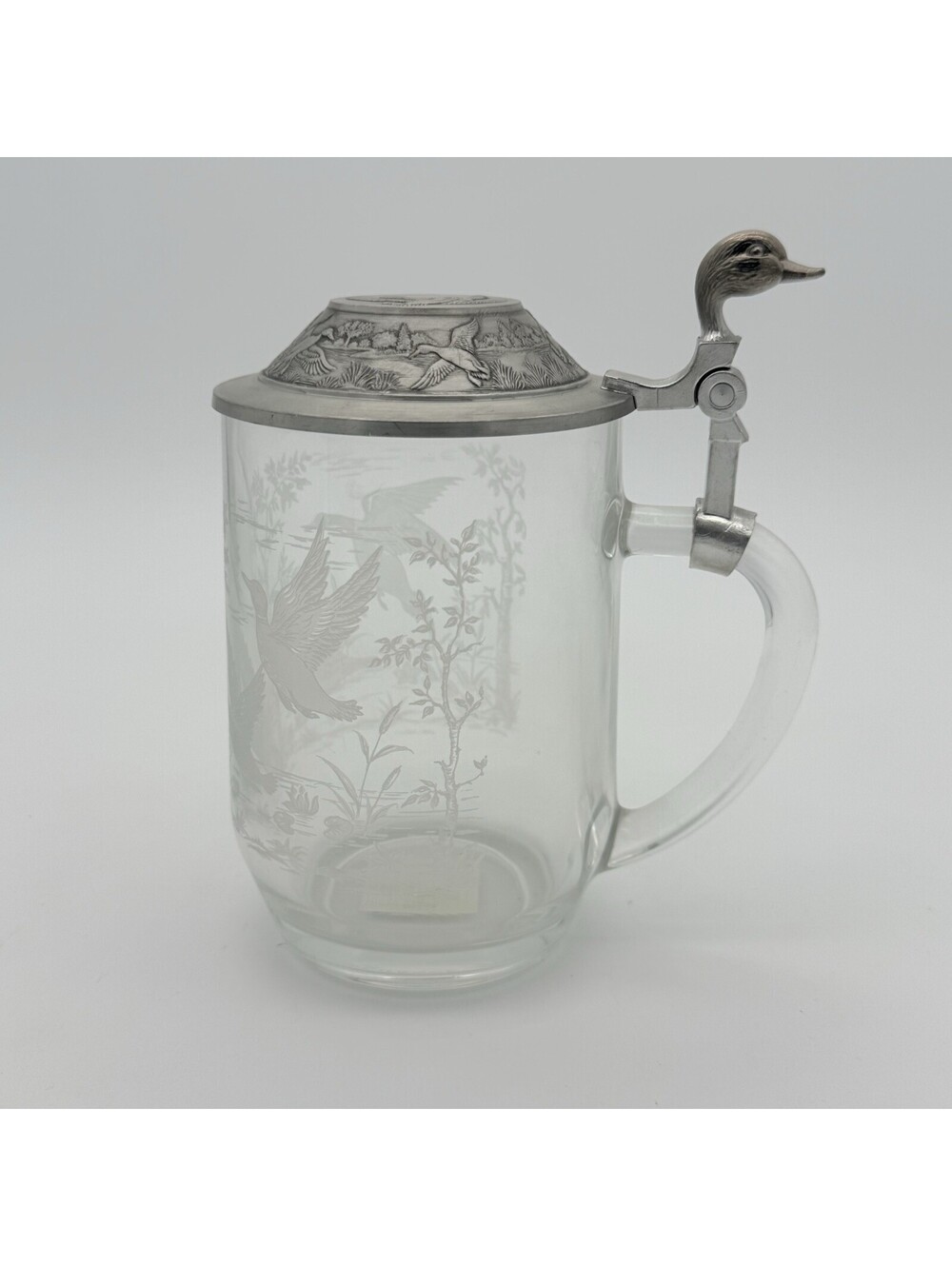 Beer Stain Glass With Pewter Lid Ducks Etched On Glass Made In Germany & France
